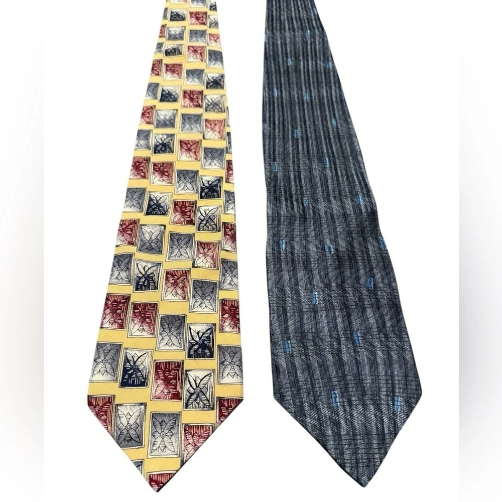 Geoffrey Beene 100% Silk Men’s Ties Yellow Gray Abstract Pattern-Lot of 2